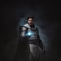 a man with a large beard and armor is standing in the fog