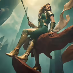 a woman with a sword sitting on top of a rhino