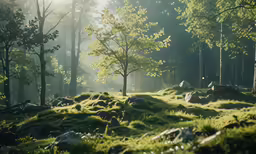 an area that has rocks, grass and trees in it