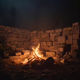 a bonfire lit in the night by some rocks