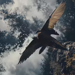 a large bird flying through the air with trees behind it