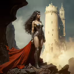 an attractive woman in a body paint outfit in front of a castle