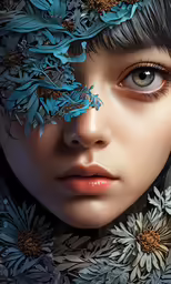a girl with flowers on her face is seen through a piece of paper