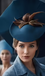 woman in blue hat with other women in background