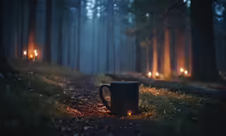a cup that is sitting on a dirt road in the dark