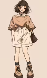 a woman standing wearing short pants and shoes