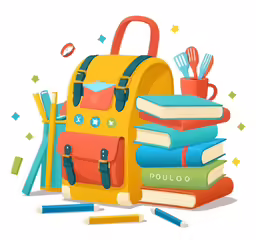 a cartoon of a bag with books, utensils and books