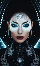 the face of a woman in white paint and jewels