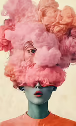 the woman is standing under pink smoke from her hair