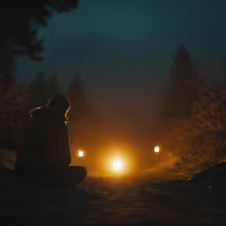 a woman sitting on the ground looking at some lights