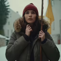 a girl in winter clothes holding a stick