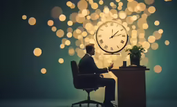 the man sitting in a chair is looking at his laptop and his clock is on the table