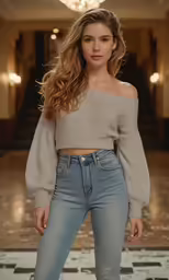 a female wearing jeans and sweater with no shirt