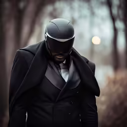 a man wearing a hat and suit, standing in a forest