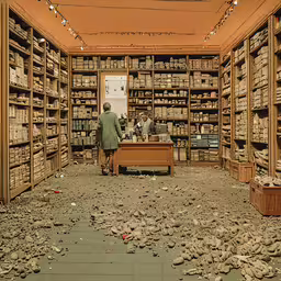 this is a picture of a man inside the room that contains stacks and boxes,there is an empty room with bookshelves filled with books