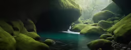 moss covered rocks cover the water and forest