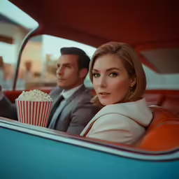 a woman and man sitting in a vintage car while eating popcorn
