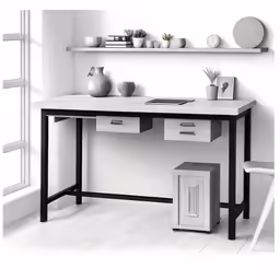 black and white photograph of desk