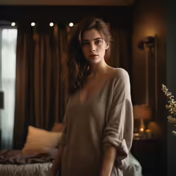 the young woman is posing in her bedroom