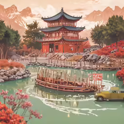 a painting of a temple with boats floating on it
