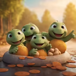 three green cartoon turtles riding on top of each other