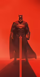 the batman standing behind a red pole with his hands on his hips