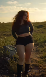 a woman in short shorts and heels stands near a rock