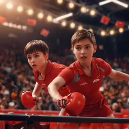 two boys in red shirts standing next to a fence