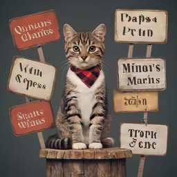 a cat is sitting on a barrel and wearing a red collared and white shirt with his feet in the air with different signs behind him