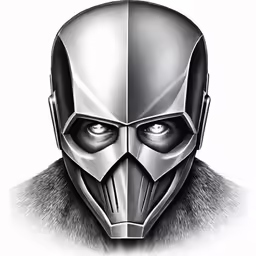 the man in the suit has a helmet with an evil look