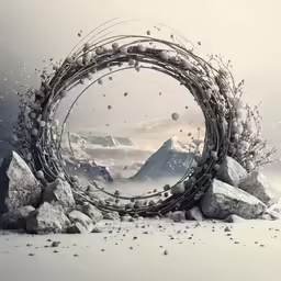digital art image with round frame of trees and snow on mountains