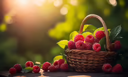 raspberries in a wicker basket surrounded by leaves