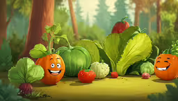 a group of cartoon fruits and vegetables sitting in a forest,some veggies are grouped together in a forest