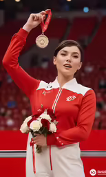 a woman holding up her medal and flowers