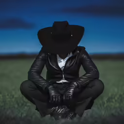 a person in black clothing sitting on the ground wearing a hat