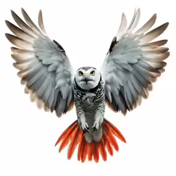 a white and orange owl has its wings spread out