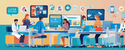 three people using laptops in front of screen with a variety of cartoon icons,five people sitting around a table and chatting
