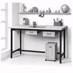 white and black desk with storage compartments underneath