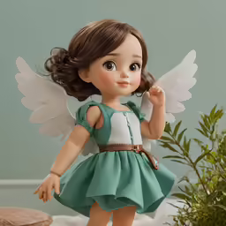 a doll with an angelic green dress is on a white counter
