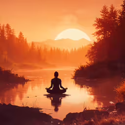 a person sitting on a rock in a body of water in the background, with the sun going down,woman meditating in lotus position on a river at sunset