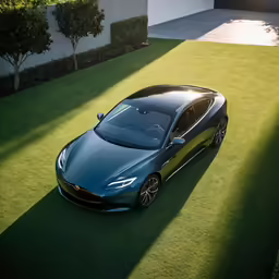 a blue sports car parked on top of a green grass covered driveway