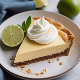 a slice of lemonade pie on a white plate with limes around