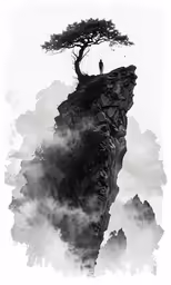 a man is standing on the edge of a cliff overlooking a tree