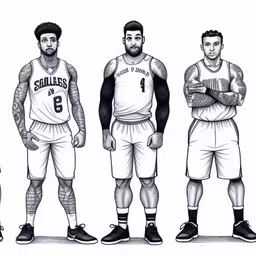 the six basketball players standing in line for their uniform,a basketball player and three other players, each wearing a jersey,the three basketball players are wearing uniforms in the same direction,the three players in each team
