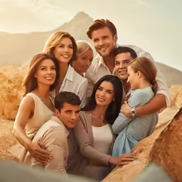 a group of people are standing together in front of some rocks