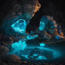 a woman and a child in a dark forest