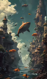 artwork depicting an alien city with flying sharks