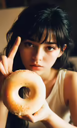 a young girl holding up a giant donut