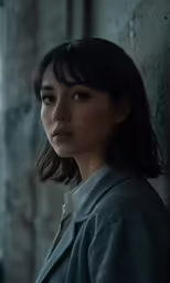 a woman leaning against a wall and looking off to her right