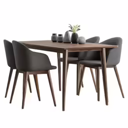 a dinning table with six chairs and vases
